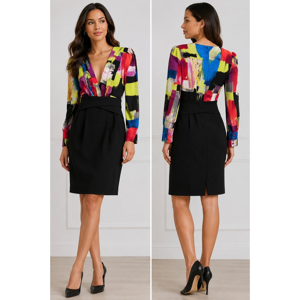 Gabrielle Union NY&C XS Petite Black Abstract Print Long Sleeve Sheath Dress NWT